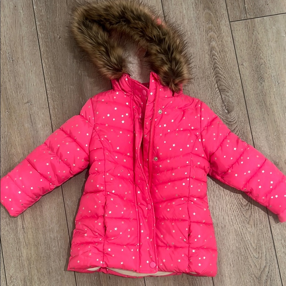 Pink Puffer Jacket with Faux Fur Hood